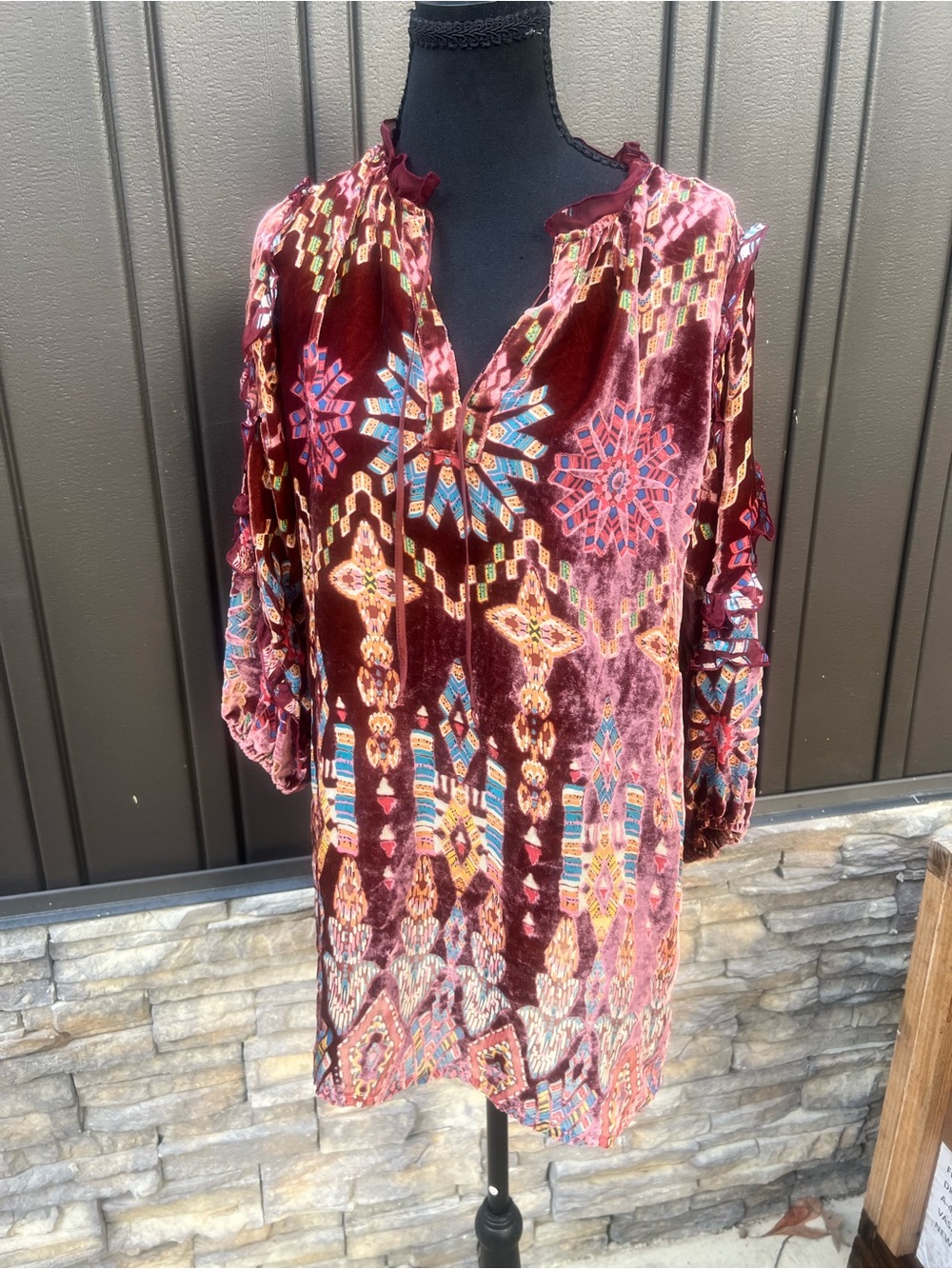 Women's Burgundy Velour Printed Tunic Top